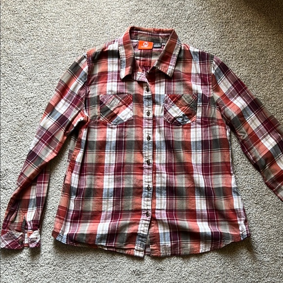 MERRELL Plaid Button Down 100% Cotton Women’s Large Burnt Orange Red Gray Pocket - Picture 1 of 11